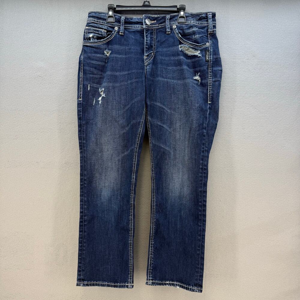Silver Jeans Women's 30x22.5 (10) Dark Blue Suki Capris Distressed Preppy Summer